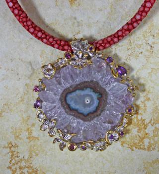 Perlrochen Halsreif Collier mit Großen Amethyst Stein als Anhänger EINZELSTÜCK / UNIKAT